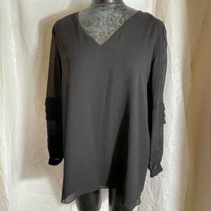 Calvin Klein Women's Black L Long-Sleeve Blouse Top V-Neck Lined Sheer Slvs. NWT